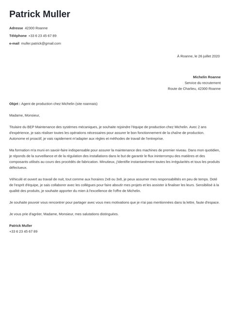 lettre de motivation agent de production.